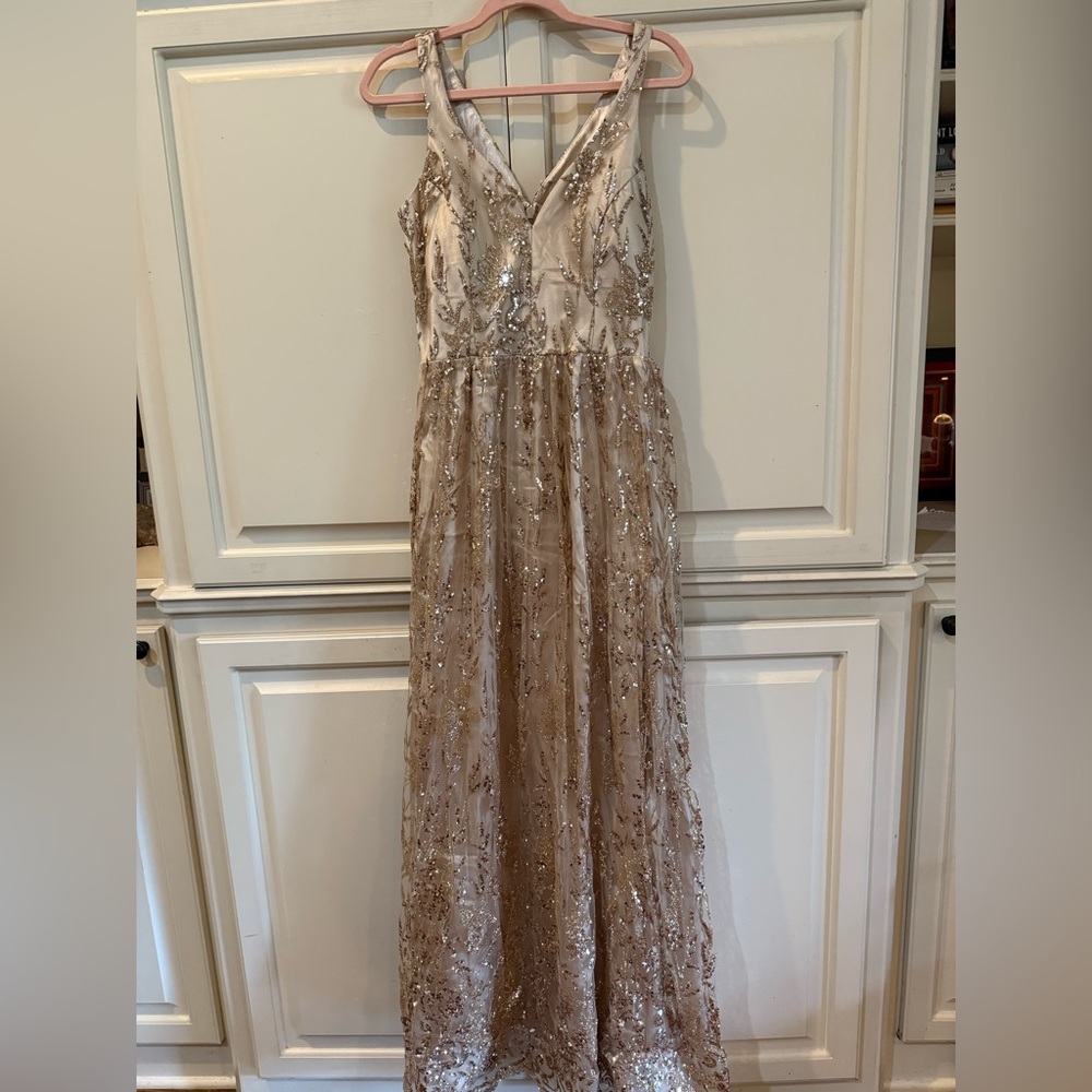 Altar'd State Champagne Sequin Embellished V-Neck Wedding Dress
